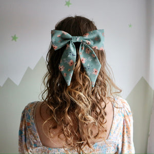 Green Floral Hair Bow Barrette