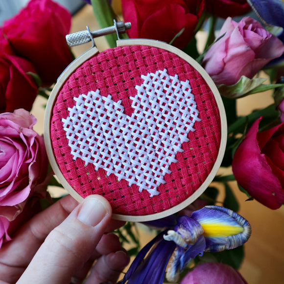 Tiny 3” Hoop Cross Stitch Kit | Heart | Count 6 Aida