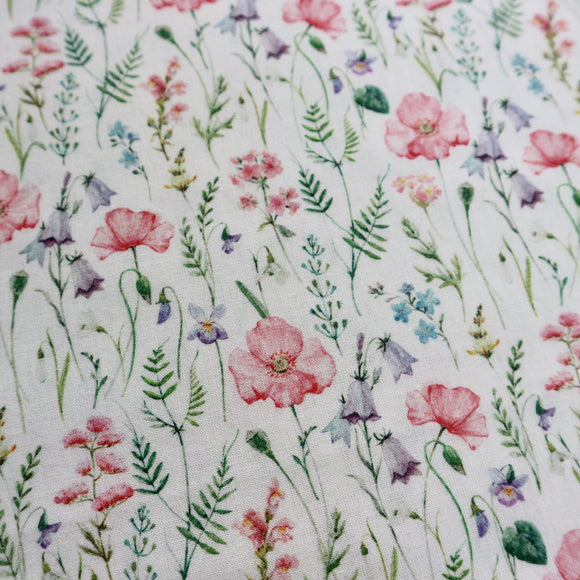 Poppy Cotton Fabric | Meadow Bluebells, Ferns and Pink Poppys