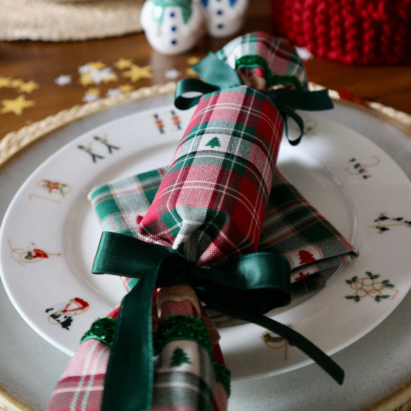 Red Check with Green Woven Christmas Tree - Handmade Fabric Christmas Crackers