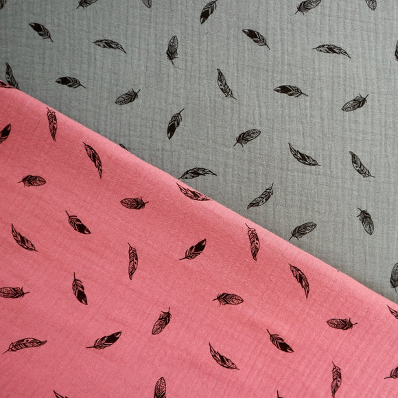 Sarah Double Gauze Cotton Fabric | Pink and Teal Feathers