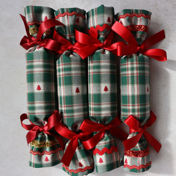 Green Check with Woven Christmas Tree - Handmade Fabric Christmas Crackers